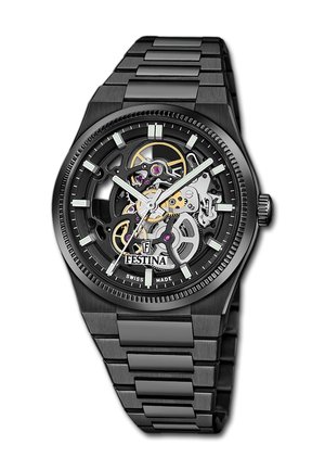 Black metal wristwatch with skeleton dial showing internal gears, white hour markers, luminescent hands, and Festina Swiss made branding.