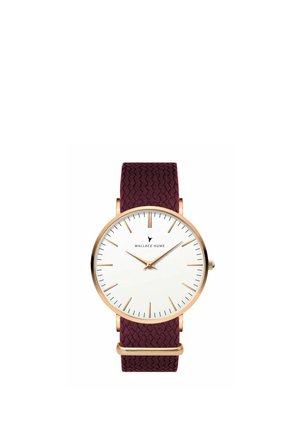 Round gold watch with white face, slim gold hour markers and hands, "Wallace Hume" logo, and textured dark red fabric strap.