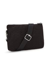 Borsa a spalla in tessuto nero con motivo geometrico, chiusura con zip, tracolla regolabile e dettagli in metallo silver. Texture liscia, forma rettangolare.