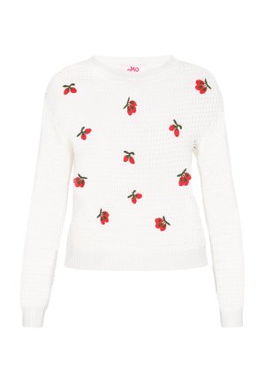 Suéter blanco de punto con bordado de cerezas rojas. Mangas largas y cuello redondo, con un patrón texturizado en toda la prenda.