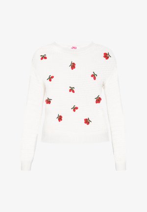 Weißer gestrickter Pullover mit rotem Kirschstickerei. Lange Ärmel und ein runder Ausschnitt, mit einem strukturierten Muster im gesamten Kleidungsstück.