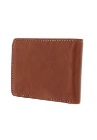 Brown leather wallet with a smooth texture, rounded corners, and visible stitching along the edges. Minimal design and no hardware accents.
