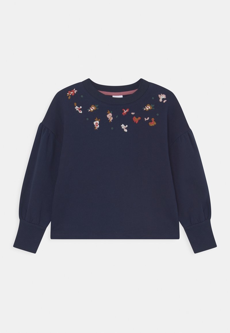 Chemise bleu marine à manches longues avec manches bouffantes et petite broderie florale multicolore le long de l'encolure.