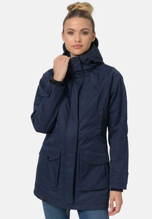 Navy blue waterproof parka jacket with a high collar, front zip, snap buttons, two large front pockets, and adjustable hood.