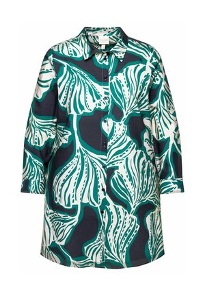 Langærmet skjorte med knapper, prydet med en marineblå baggrund og store grønne og hvide bladmønstre. Fremstillet af et glat, let stof.