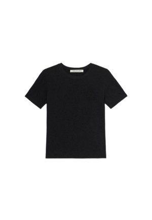 Schwarzes Kurzarm-T-Shirt aus Baumwolle, mit rundem Ausschnitt und einem dezenten Textur-Logo auf der linken Brust.