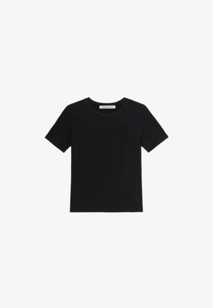Schwarzes Kurzarm-T-Shirt aus Baumwolle, mit rundem Ausschnitt und einem dezenten Textur-Logo auf der linken Brust.