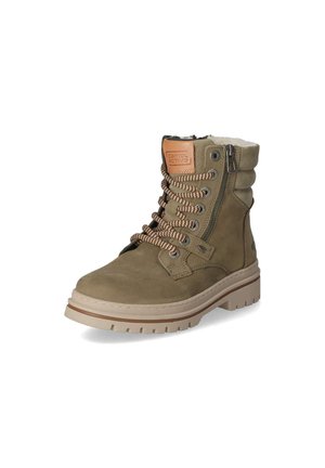 Bottines en cuir vert avec des lacets marron, un col rembourré et une fermeture éclair sur le côté. La semelle texturée offre une bonne traction. Logo sur la languette.