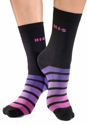 Black socks with pink logo "H.I.S." at the top; lower sections feature horizontal stripes in purple and pink gradients. Cotton material.