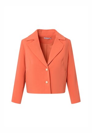 Blazer arancione accorciato con collo a risvolto, dotato di due bottoni frontali e maniche lunghe, realizzato in tessuto liscio.