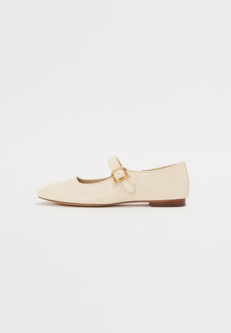 Beige patent leather ballet flats with a pointed toe, featuring a side buckle strap and a low wooden heel. Simple, smooth design.