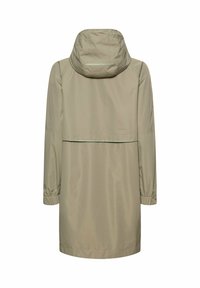 Beżowy lekki płaszcz przeciwdeszczowy z kapturem, długimi rękawami, elastycznymi mankietami i rozcięciem z tyłu, widoczny od tyłu.