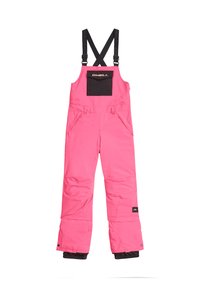 Heldere roze sneeuwoverall met verstelbare zwarte schouderbanden, zijzakken en een zwart patch op de borst. Geïsoleerd materiaal voor warmte.