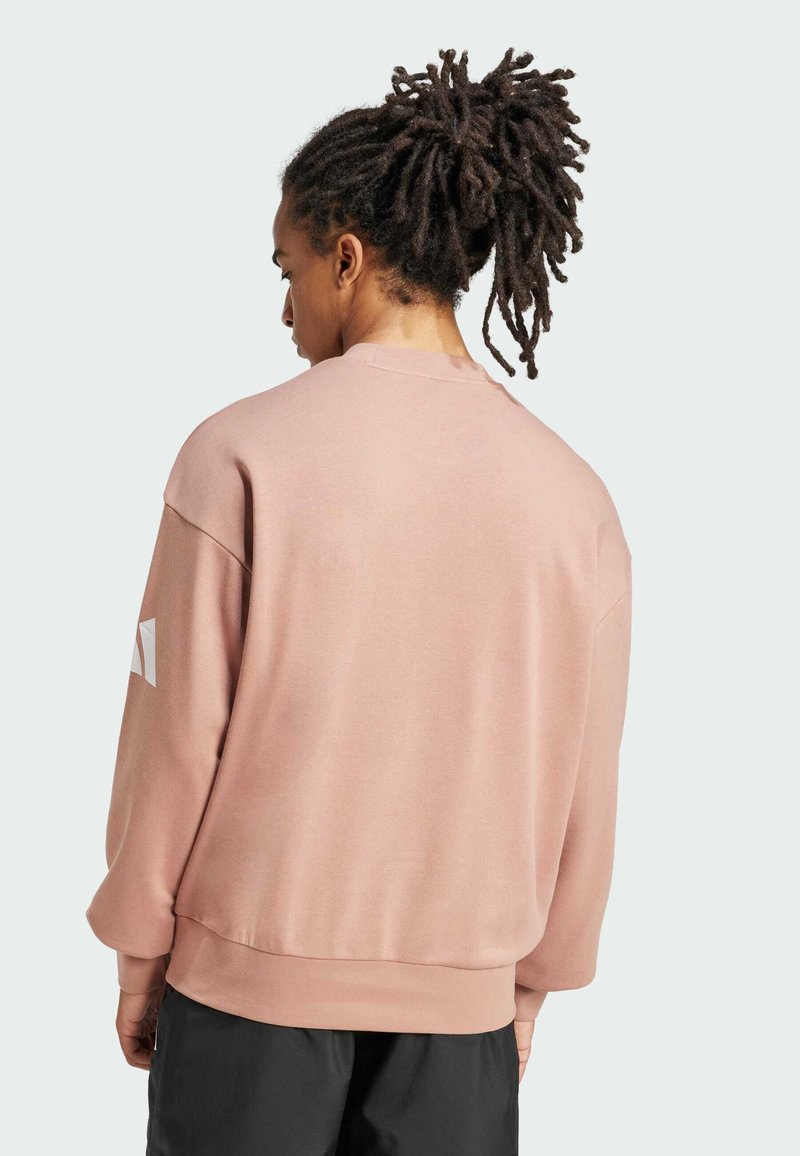 Sudadera de gran tamaño de color rosa claro con hombros caídos, puños y dobladillo acanalados, y detalle del logotipo blanco en la manga izquierda. Tejido suave y texturizado.