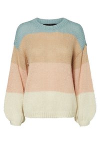 Maglione lavorato a maglia grossa con scollo rotondo, caratterizzato da righe orizzontali in azzurro chiaro, beige, rosa tenue e crema. Maniche ampie e comode.