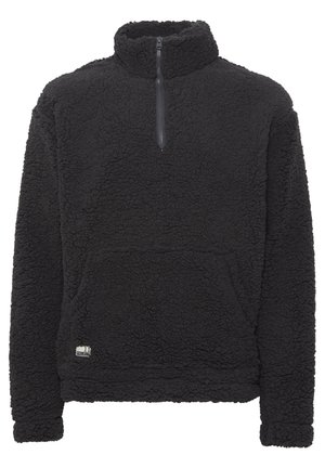 Zwarte fleece pullover met een kwart rits, hoge kraag, voorste kangoeroezak en gestructureerde, warme stof. Klein logo aan de onderrand.