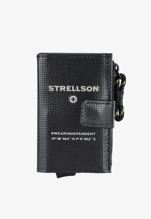 Portafoglio nero realizzato in materiale testurizzato, con il nome del marchio "STRELLSON" in argento, chiusura a scatto e un accento di cordino colorato.