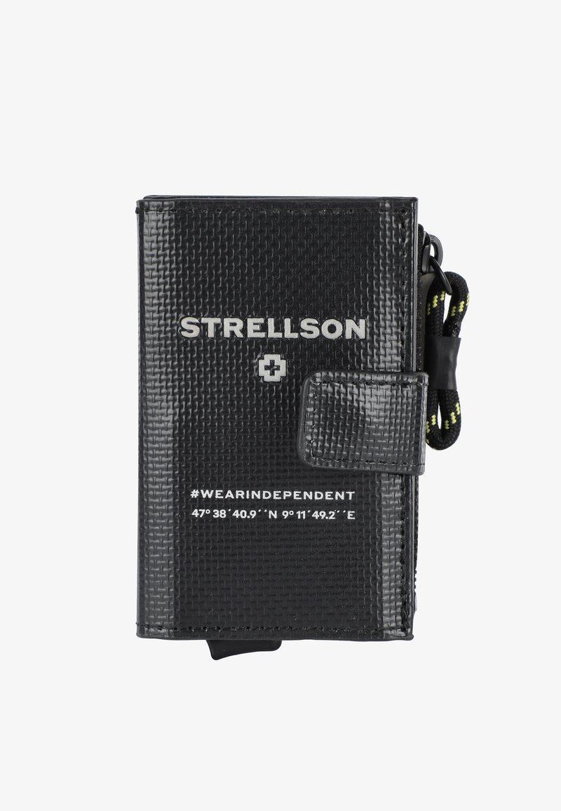 Zwarte portemonnee van gestructureerd materiaal, met de merknaam "STRELLSON" in zilver, een drukknoopsluiting en een kleurrijke cordaccent.