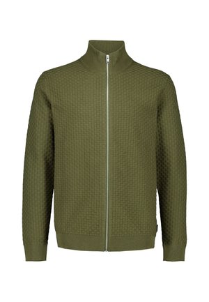 Olivgrüner, gestrickter Reißverschluss-Pullover mit hohem Kragen und strukturiertem Quadrat-Muster auf weißem Hintergrund.