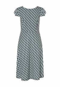 Marineblaues Kleid mit weißem geometrischem Muster, kurzen Rüschensäumen, Rundhalsausschnitt und knielangem Rock. Glatte Stoffstruktur.