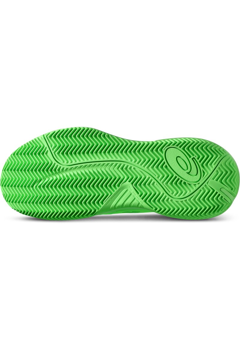 Soletta in gomma verde con motivo a spina di pesce e logo ASICS. Presenta scanalature testurizzate e un design centrale liscio.