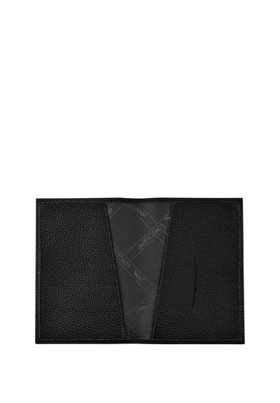 Black leather wallet featuring a textured exterior, two open compartments, and a smooth interior with a subtle brand pattern.