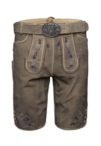 Tradiční hnědé kožené lederhosen s vy�šitými květinovými vzory, ozdobnými knoflíky po stranách a šedým pásem s zdobenou kovovou sponou.