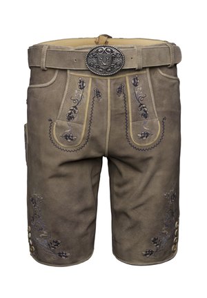 Lederhosen en cuir marron traditionnel avec des motifs floraux brodés, des boutons décoratifs sur les côtés, et une ceinture grise avec une boucle en métal ornée.