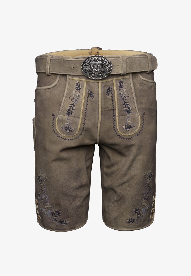 Tradizionali lederhosen in pelle marrone con motivi floreali ricamati, bottoni decorativi ai lati e una cintura grigia con una fibbia metallica ornamentale.