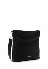 Borsa a tracolla in pelle nera con finitura testurizzata, chiusura con zip, tracolla regolabile e accessori in argento. Presenta un logo discreto sul davanti.