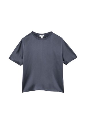 Donkergrijs polyester T-shirt met korte mouwen en ronde hals, met een ontspannen pasvorm, weergegeven op een witte achtergrond.