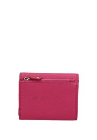 Portafoglio in pelle rosa con superficie testurizzata, dotato di una tasca con zip e forma rettangolare. Design pulito e semplice con cuciture visibili.