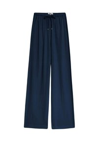 Marineblauwe wijde broek met een trekkoord in de taille, gemaakt van lichte stof. Beschikt over zijzakken en een ontspannen pasvorm.