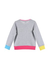 Felpa grigia con maniche lunghe, caratterizzata da polsini rosa, blu e gialli. Tessuto morbido con collo rotondo, design semplice e accenti di colore vivaci.