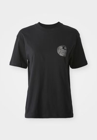 Black cotton T-shirt with a crew neckline and short sleeves, featuring a textured graphic of a spiral design on the left chest pocket area.