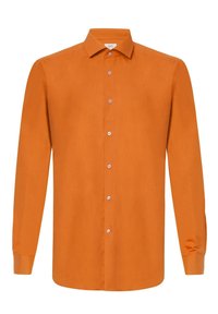 Pomarańczowa koszula z długim rękawem, z wywijanym kołnierzykiem, zapinana na guziki z przodu i fioletowymi guzikami. Gładka faktura materiału, dopasowany krój.