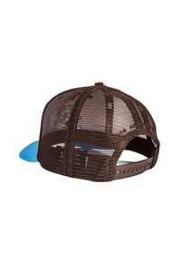 Braune Netzcap mit einem einfarbigen blauen Schirm, verstellbarem Riemen und einem belüfteten Rückendesign für Atmungsaktivität.