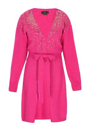 Růžový pletený kardigan s hlubokým výstřihem ve tvaru V, zdobený flitry na ramenou a s odpovídajícím páskem v pase.