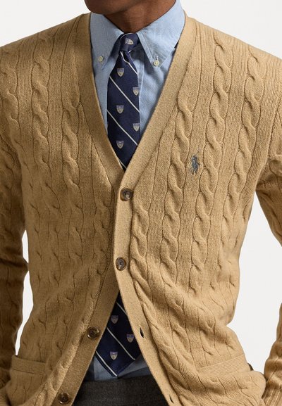 Cauruļu adījuma bēšs džemperis ar diviem pogām, kopā ar gaiši zilu krekli un tumši zilu tiesu ar atkārtotu ģerboņa rakstu.