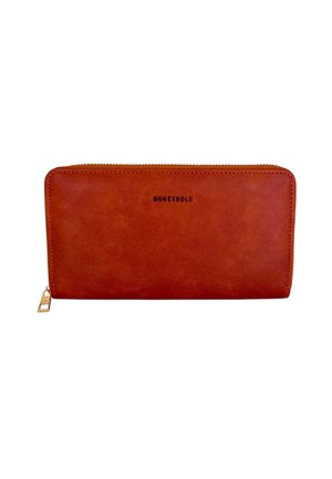 Langer orangefarbener Leder-Wallet mit glatter Textur, Reißverschluss und geprägt "MONEYHOLD"-Logo auf der Vorderseite. Minimalistisches Design, rechteckige Form.