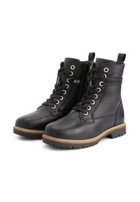 Zwarte leren enkellaarzen met een vetersluiting, metalen oogjes en een ritssluiting aan de zijkant. Heeft een gestructureerde afwerking en een bruine rubberen zool.