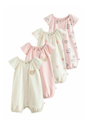 Cztery niemowlęce rampersy z krótkim rękawem w pastelowo różowym i kremowym kolorze z motywami zwierzęcymi i w paski, z przodu zapięcia na zatrzaski oraz marszczone otwory na nogi.
