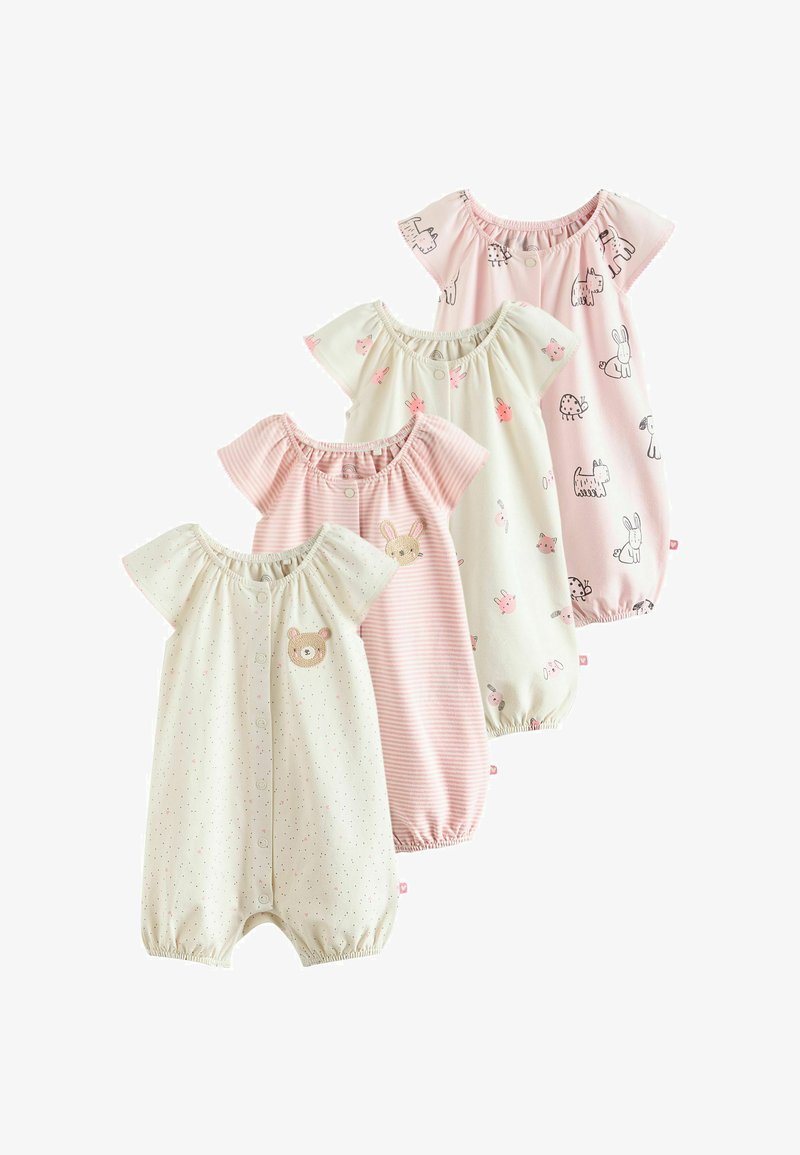 Quatre grenouillères à manches courtes pour bébé en rose pastel et crème avec des motifs animaux et rayés, boutons-pression à l'avant et ouvertures de jambes froncées.