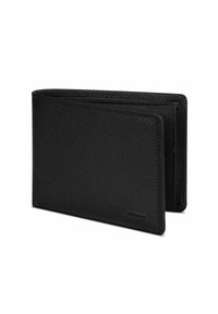 Zwarte leren bifold portemonnee met een gestructureerde afwerking. Bevat meerdere kaartsleuven en heeft een glad, eenvoudig ontwerp. Logo is op het oppervlak geperst.