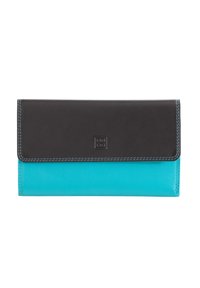 Black and turquoise leather wallet with a fold-over flap, contrast stitching, and embossed logo. Smooth texture with a sleek design.