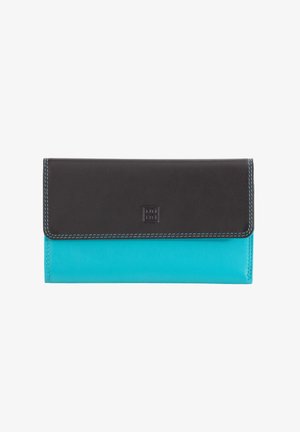 Black and turquoise leather wallet with a fold-over flap, contrast stitching, and embossed logo. Smooth texture with a sleek design.