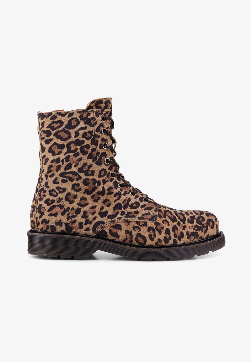Stivaletti alla caviglia con stampa leopardata, tassello in suede, tonalità marroni e nere, punta rinforzata e suola in gomma resistente.