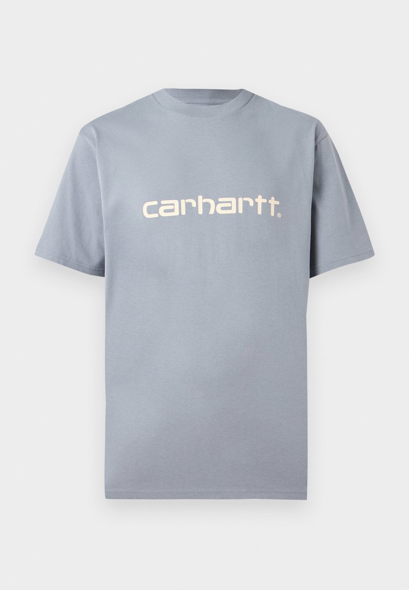 Lichtblauw T-shirt met korte mouwen van katoen, met het logo "carhartt." in een contrasterende lichte kleur op de borst. Eenvoudig ontwerp.