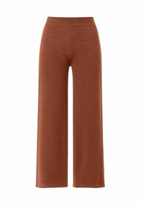 Pantaloni a gamba larga marroni con una vita alta e elastica, realizzati in tessuto morbido. Texture liscia, design a lunghezza completa e senza motivi visibili.