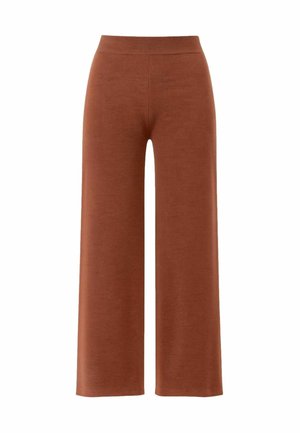 Pantaloni a gamba larga marroni con una vita alta e elastica, realizzati in tessuto morbido. Texture liscia, design a lunghezza completa e senza motivi visibili.